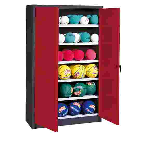 C+P HxWxD 195×150×50 cm, with Metal Double Doors (type 3) Ball Cabinet Ruby red (RAL 3003), Anthracite (RAL 7021), Keyed alike, Handle