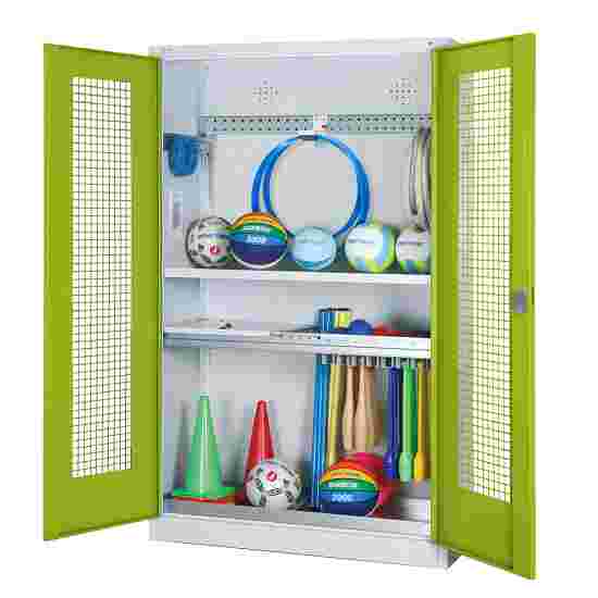 C+P HxWxD 195x120x50 cm, with Perforated Metal Double Doors Modular sports equipment cabinet Clown Green (RAL 110 80 60), Light grey (RAL 7035), Keyed to differ, Handle