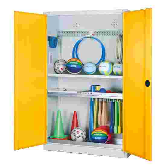 C+P HxWxD 195x120x50 cm, with Perforated Metal Double Doors Modular sports equipment cabinet Traffic Yellow (RAL 1023), Light grey (RAL 7035), Keyed to differ, Handle