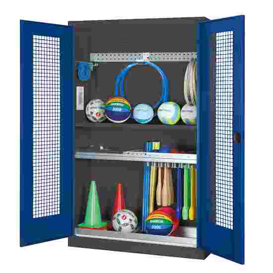 C+P HxWxD 195x120x50 cm, with Perforated Metal Double Doors Modular sports equipment cabinet Gentian blue (RAL 5010), Anthracite (RAL 7021), Keyed to differ, Handle