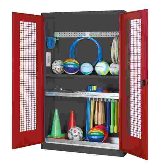 C+P HxWxD 195x120x50 cm, with Perforated Metal Double Doors Modular sports equipment cabinet Ruby red (RAL 3003), Anthracite (RAL 7021), Keyed to differ, Handle