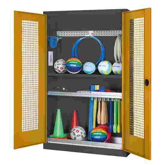 C+P HxWxD 195x120x50 cm, with Perforated Metal Double Doors Modular sports equipment cabinet Golden Yellow (RAL 1004), Anthracite (RAL 7021), Keyed to differ, Handle