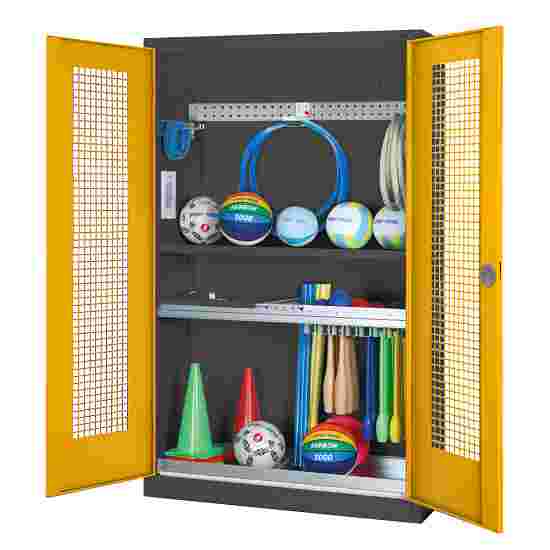 C+P HxWxD 195x120x50 cm, with Perforated Metal Double Doors Modular sports equipment cabinet Traffic Yellow (RAL 1023), Anthracite (RAL 7021), Keyed to differ, Handle