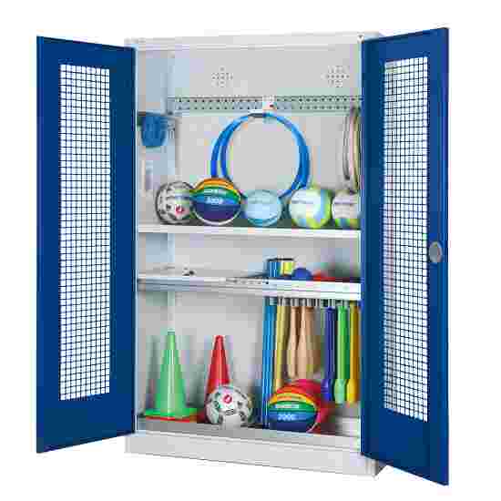 C+P HxWxD 195x120x50 cm, with Perforated Metal Double Doors Modular sports equipment cabinet Gentian blue (RAL 5010), Light grey (RAL 7035), Keyed to differ, Ergo-Lock recessed handle