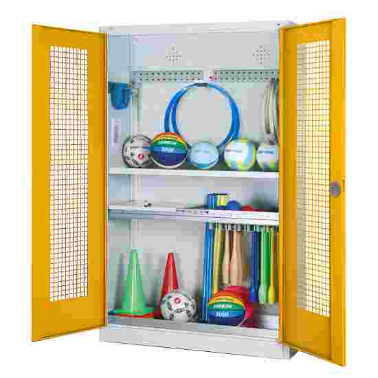 C+P HxWxD 195x120x50 cm, with Perforated Metal Double Doors Modular sports equipment cabinet Traffic Yellow (RAL 1023), Light grey (RAL 7035), Keyed to differ, Ergo-Lock recessed handle