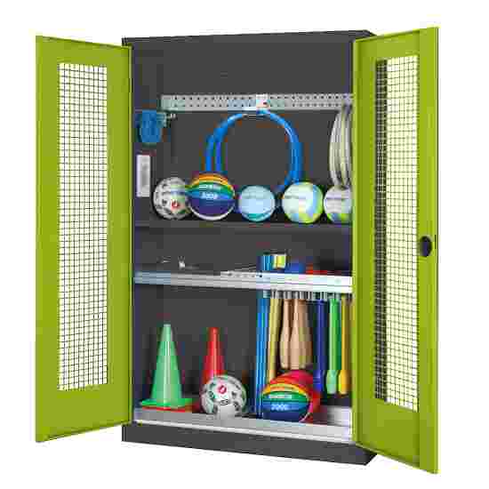 C+P HxWxD 195x120x50 cm, with Perforated Metal Double Doors Modular sports equipment cabinet Clown Green (RAL 110 80 60), Anthracite (RAL 7021), Keyed to differ, Ergo-Lock recessed handle