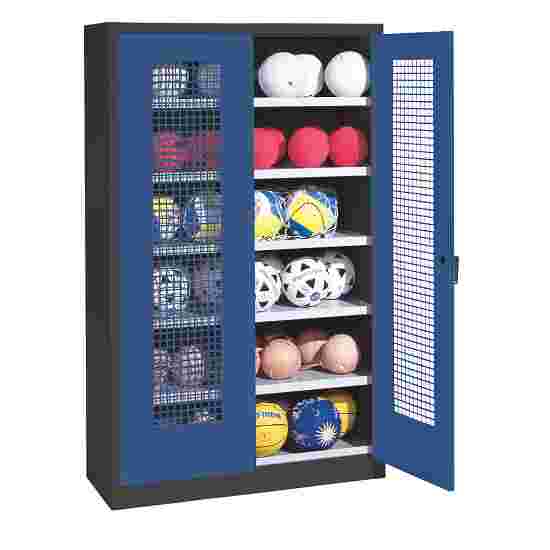 C+P HxWxD 195x120x50 cm, with Perforated Metal Double Doors (type 3) Ball Cabinet Gentian blue (RAL 5010), Anthracite (RAL 7021), Keyed to differ, Handle