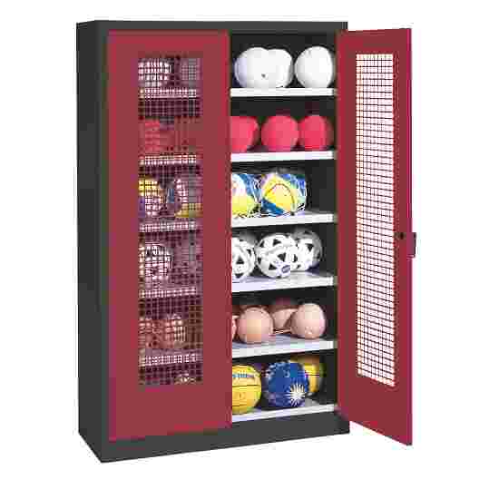 C+P HxWxD 195x120x50 cm, with Perforated Metal Double Doors (type 3) Ball Cabinet Ruby red (RAL 3003), Anthracite (RAL 7021), Keyed to differ, Handle