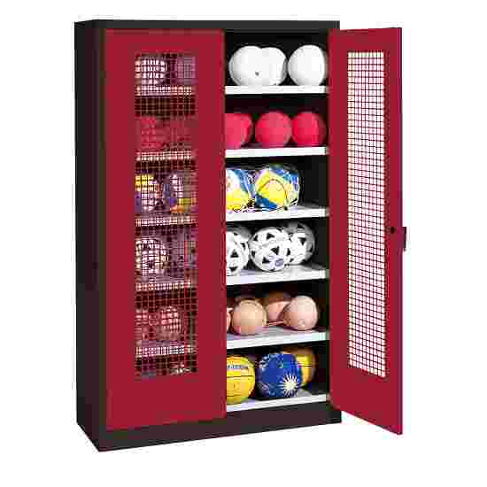 C+P HxWxD 195x120x50 cm, with Perforated Metal Double Doors (type 3) Ball Cabinet Ruby red (RAL 3003), Anthracite (RAL 7021), Keyed alike, Handle