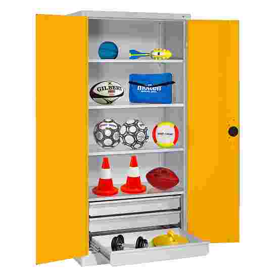 C+P HxWxD 195x120x50 cm, with Sheet Metal Double Doors Modular sports equipment cabinet Traffic Yellow (RAL 1023), Light grey (RAL 7035), Keyed to differ, Ergo-Lock recessed handle