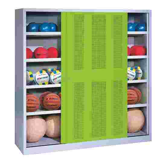 C+P HxWxD 195x120x50 cm, with Sheet Metal Sliding Doors (type 4) Ball Cabinet Clown Green (RAL 110 80 60), Light grey (RAL 7035), Keyed to differ