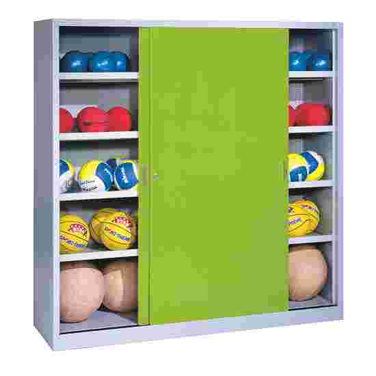 C+P HxWxD 195x120x50 cm, with Sheet Metal Sliding Doors (type 4) Ball Cabinet Clown Green (RAL 110 80 60), Light grey (RAL 7035), Keyed alike