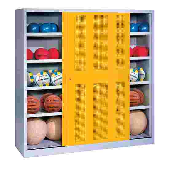 C+P HxWxD 195x120x50 cm, with Sheet Metal Sliding Doors (type 4) Ball Cabinet Traffic Yellow (RAL 1023), Light grey (RAL 7035), Keyed alike