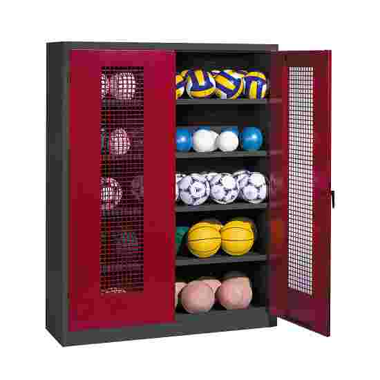 C+P HxWxD 195x150x50 cm, with Perforated Metal Double Doors (type 3) Ball Cabinet Ruby red (RAL 3003), Anthracite (RAL 7021), Keyed to differ, Handle