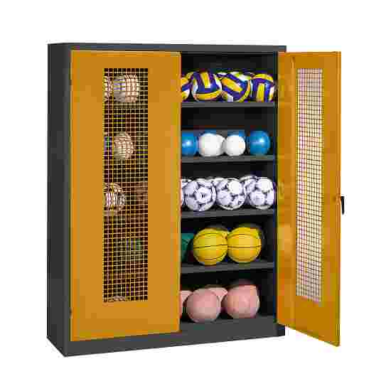 C+P HxWxD 195x150x50 cm, with Perforated Metal Double Doors (type 3) Ball Cabinet Golden Yellow (RAL 1004), Anthracite (RAL 7021), Keyed to differ, Handle