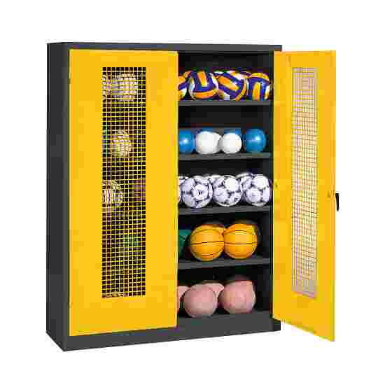 C+P HxWxD 195x150x50 cm, with Perforated Metal Double Doors (type 3) Ball Cabinet Traffic Yellow (RAL 1023), Anthracite (RAL 7021), Keyed to differ, Handle