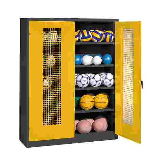 C+P HxWxD 195x150x50 cm, with Perforated Metal Double Doors (type 3) Ball Cabinet Traffic Yellow (RAL 1023), Anthracite (RAL 7021), Keyed to differ, Ergo-Lock recessed handle