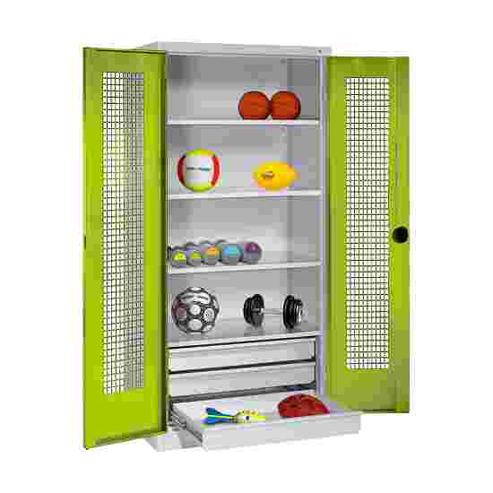 C+P with Drawers and Perforated Double Doors, H×W×D 195×120×50 cm Equipment Cupboard Clown Green (RAL 110 80 60), Light grey (RAL 7035), Keyed to differ, Handle