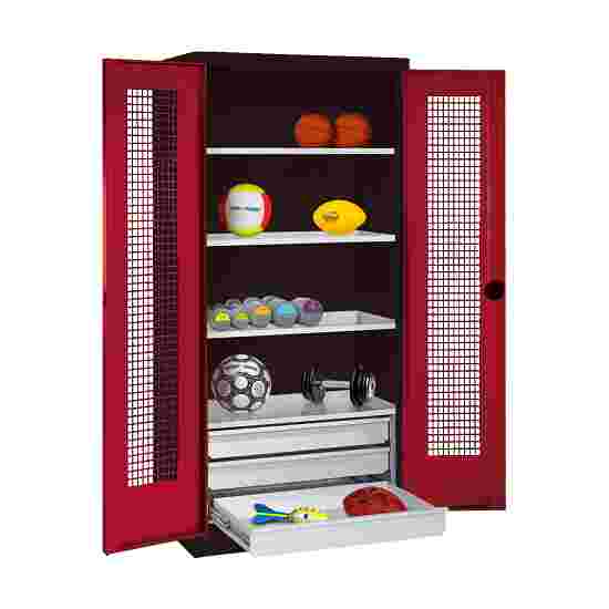 C+P with Drawers and Perforated Double Doors, H×W×D 195×120×50 cm Equipment Cupboard Ruby red (RAL 3003), Anthracite (RAL 7021), Keyed to differ, Handle