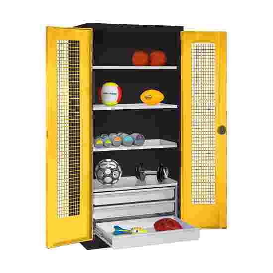 C+P with Drawers and Perforated Double Doors, H×W×D 195×120×50 cm Equipment Cupboard Traffic Yellow (RAL 1023), Anthracite (RAL 7021), Keyed to differ, Handle