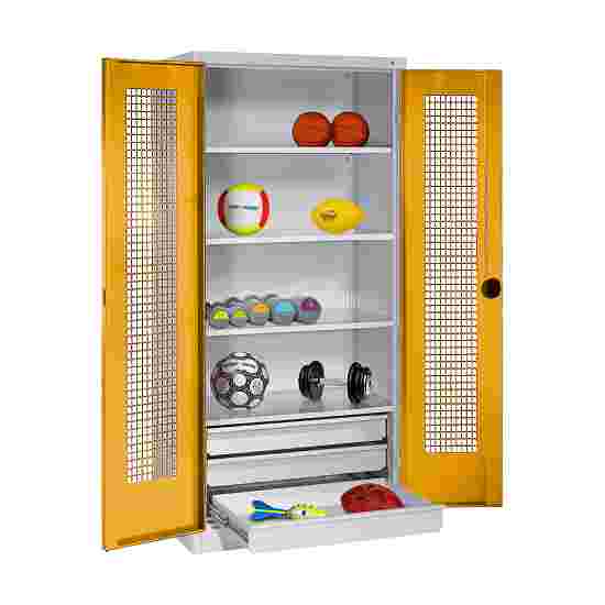 C+P with Drawers and Perforated Double Doors, H×W×D 195×120×50 cm Equipment Cupboard Golden Yellow (RAL 1004), Light grey (RAL 7035), Keyed to differ, Ergo-Lock recessed handle