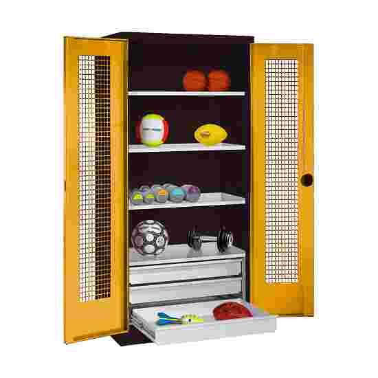 C+P with Drawers and Perforated Double Doors, H×W×D 195×120×50 cm Equipment Cupboard Golden Yellow (RAL 1004), Anthracite (RAL 7021), Keyed to differ, Ergo-Lock recessed handle