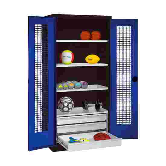 C+P with Drawers and Perforated Double Doors, H×W×D 195×120×50 cm Equipment Cupboard Gentian blue (RAL 5010), Anthracite (RAL 7021), Keyed alike, Handle