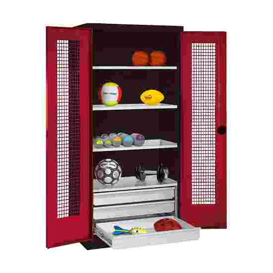C+P with Drawers and Perforated Double Doors, H×W×D 195×120×50 cm Equipment Cupboard Ruby red (RAL 3003), Anthracite (RAL 7021), Keyed alike, Handle