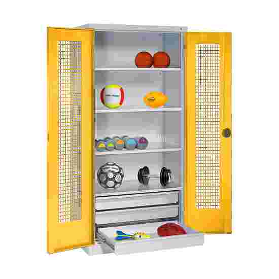 C+P with Drawers and Perforated Double Doors, H×W×D 195×120×50 cm Equipment Cupboard Traffic Yellow (RAL 1023), Light grey (RAL 7035), Keyed alike, Ergo-Lock recessed handle