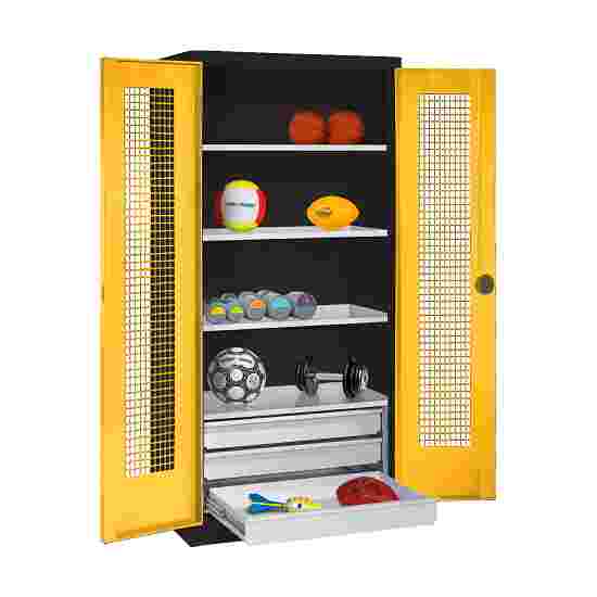 C+P with Drawers and Perforated Double Doors, H×W×D 195×120×50 cm Equipment Cupboard Traffic Yellow (RAL 1023), Anthracite (RAL 7021), Keyed alike, Ergo-Lock recessed handle