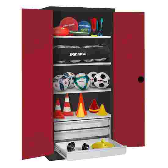 C+P with Drawers and Sheet Metal Double Doors (type 4), H×W×D 195×120×50 cm Equipment Cupboard Ruby red (RAL 3003), Anthracite (RAL 7021), Keyed to differ, Handle