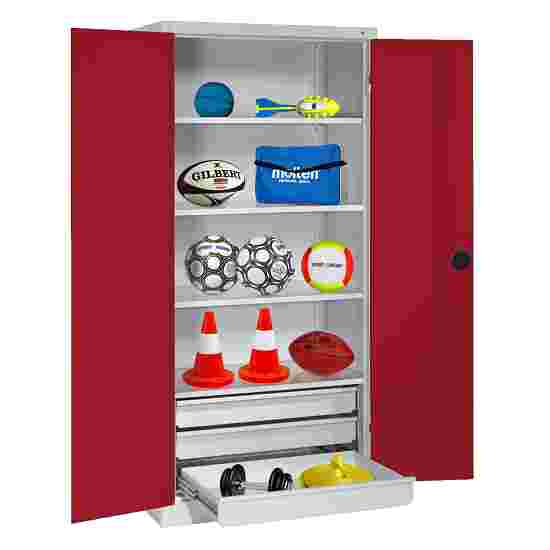 C+P with Drawers and Sheet Metal Double Doors (type 4), H×W×D 195×120×50 cm Equipment Cupboard Ruby red (RAL 3003), Light grey (RAL 7035), Keyed to differ, Ergo-Lock recessed handle