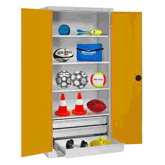 C+P with Drawers and Sheet Metal Double Doors (type 4), H×W×D 195×120×50 cm Equipment Cupboard Golden Yellow (RAL 1004), Light grey (RAL 7035), Keyed to differ, Ergo-Lock recessed handle