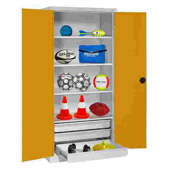 C+P with Drawers and Sheet Metal Double Doors (type 4), H×W×D 195×120×50 cm Equipment Cupboard Golden Yellow (RAL 1004), Anthracite (RAL 7021), Keyed to differ, Ergo-Lock recessed handle