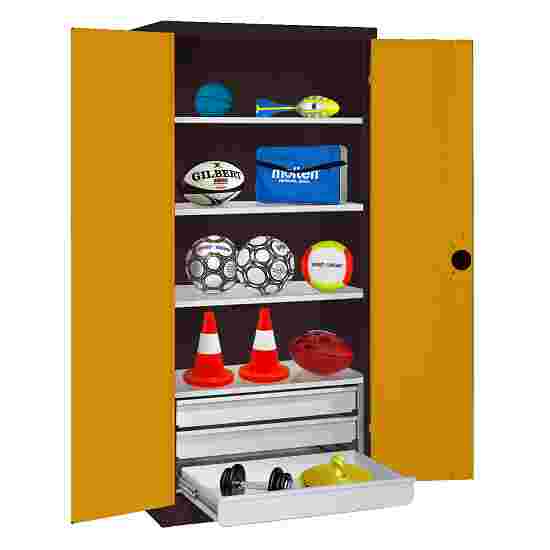 C+P with Drawers and Sheet Metal Double Doors (type 4), H×W×D 195×120×50 cm Equipment Cupboard Golden Yellow (RAL 1004), Anthracite (RAL 7021), Keyed alike, Handle