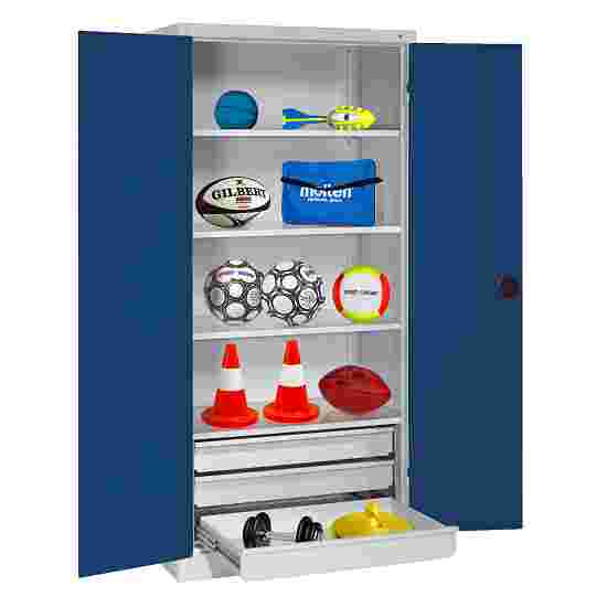 C+P with Drawers and Sheet Metal Double Doors (type 4), H×W×D 195×120×50 cm Equipment Cupboard Gentian blue (RAL 5010), Light grey (RAL 7035), Keyed alike, Ergo-Lock recessed handle