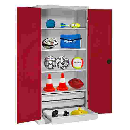 C+P with Drawers and Sheet Metal Double Doors (type 4), H×W×D 195×120×50 cm Equipment Cupboard Ruby red (RAL 3003), Anthracite (RAL 7021), Keyed alike, Ergo-Lock recessed handle