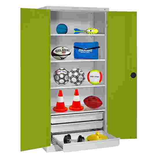 C+P with Drawers and Sheet Metal Double Doors (type 4), H×W×D 195×120×50 cm Equipment Cupboard Clown Green (RAL 110 80 60), Anthracite (RAL 7021), Keyed alike, Ergo-Lock recessed handle