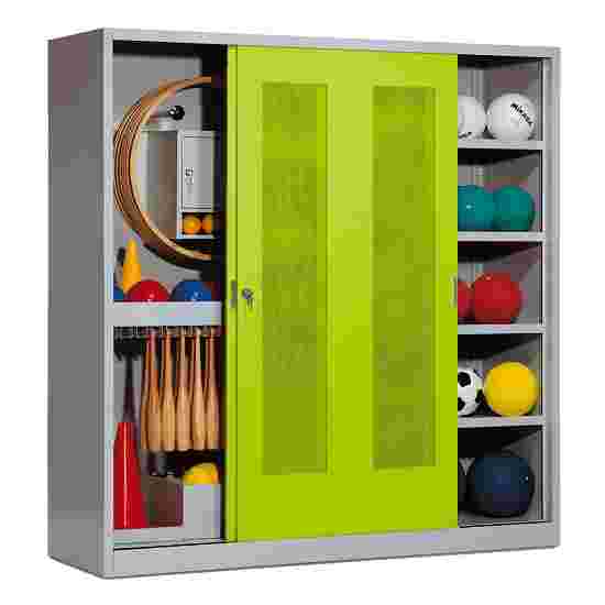 C+P with Perforated Sheet Sliding Doors (type 5), HxWxD 195x190x60 cm Equipment Cupboard Clown Green (RAL 110 80 60), Light grey (RAL 7035), Keyed to differ