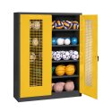 C+P HxWxD 195x150x50 cm, with Perforated Metal Double Doors (type 3) Ball Cabinet Traffic Yellow (RAL 1023), Anthracite (RAL 7021), Keyed to differ, Handle