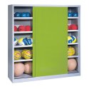 C+P HxWxD 195x190x60 cm, with Sheet Metal Sliding Doors (type 4) Ball Cabinet Clown Green (RAL 110 80 60), Light grey (RAL 7035), Keyed to differ