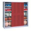 C+P HxWxD 195x190x60 cm, with Perforated Sheet Sliding Doors (type 4) Ball Cabinet Ruby red (RAL 3003), Light grey (RAL 7035), Keyed to differ