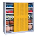 C+P HxWxD 195x190x60 cm, with Perforated Sheet Sliding Doors (type 4) Ball Cabinet Traffic Yellow (RAL 1023), Light grey (RAL 7035), Keyed to differ