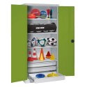 C+P with Drawers and Sheet Metal Double Doors (type 4), H×W×D 195×120×50 cm Equipment Cupboard Clown Green (RAL 110 80 60), Light grey (RAL 7035), Keyed to differ, Handle