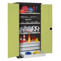 C+P with Drawers and Sheet Metal Double Doors (type 4), H×W×D 195×120×50 cm Equipment Cupboard Clown Green (RAL 110 80 60), Anthracite (RAL 7021), Keyed to differ, Handle