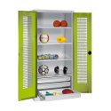 C+P with Drawers and Perforated Double Doors, H×W×D 195×120×50 cm Equipment Cupboard Clown Green (RAL 110 80 60), Light grey (RAL 7035), Keyed to differ, Handle