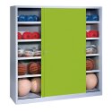 C+P HxWxD 195x120x50 cm, with Sheet Metal Sliding Doors (type 4) Ball Cabinet Clown Green (RAL 110 80 60), Light grey (RAL 7035), Keyed to differ