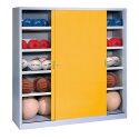 C+P HxWxD 195x120x50 cm, with Sheet Metal Sliding Doors (type 4) Ball Cabinet Traffic Yellow (RAL 1023), Light grey (RAL 7035), Keyed to differ