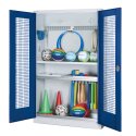 C+P HxWxD 195x120x50 cm, with Perforated Metal Double Doors Modular sports equipment cabinet Gentian blue (RAL 5010), Light grey (RAL 7035), Keyed to differ, Handle