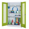 C+P HxWxD 195x120x50 cm, with Perforated Metal Double Doors Modular sports equipment cabinet Clown Green (RAL 110 80 60), Light grey (RAL 7035), Keyed to differ, Handle